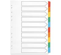 Indigo® A4 File Dividers - 10 Part Multicolour Index Tabs, White Card, Mylar-Reinforced, Multipunched - Pack of 5 for Binders & Folders