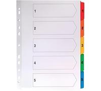 Indigo® A4 File Dividers - 5 Part Index with Multicolour Tabs, White Card, Mylar-Reinforced, Multipunched - Pack of 1 for Binders & Filing