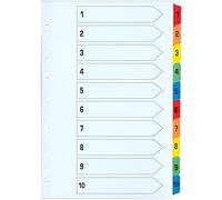 Indigo® A4 File Dividers - Numbered 1-10 Index with Multicolour Tabs, White Card, Mylar-Reinforced, Multipunched - Pack of 25 for Binders & Filing