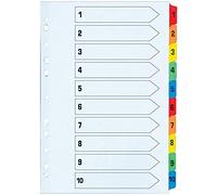 Indigo® A4 File Dividers - Numbered 1-10 Index with Multicolour Tabs, White Card, Mylar-Reinforced, Multipunched - Pack of 5 for Binders & Filing