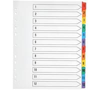 Indigo® A4 File Dividers - Numbered 1-12 Index with Multicolour Tabs, White Card, Mylar-Reinforced, Multipunched - Pack of 1 for Binders & Filing