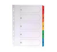 Indigo® A4 File Dividers - Numbered 1-5 Index with Multicolour Tabs, White Card, Mylar-Reinforced, Multipunched - Pack of 25 for Binders & Filing