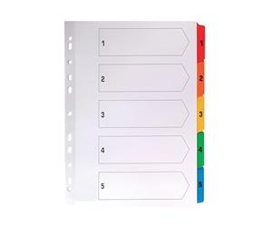 Indigo® A4 File Dividers - Numbered 1-5 Index with Multicolour Tabs, White Card, Mylar-Reinforced, Multipunched - Pack of 25 for Binders & Filing
