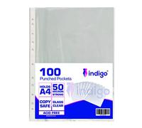 Indigo® A4 Glass Clear Punched Pockets - Pack of 100, 50 Micron Polypropylene Top-Opening Sleeves