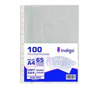 Indigo® A4 Punched Pockets - Glass Clear 65 Micron Polypropylene, Top-Opening Sleeves for Documents (Pack of 100)