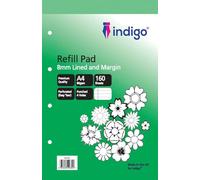 indigo® A4 Refill Pad 160 Pages Headbound Perforated Punched Hole (Single, Feint 8mm Lined and Margin)