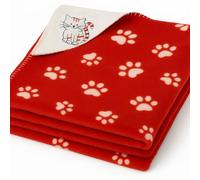indigo® Cat Christmas Fleece Blanket - Soft Red Paw Print Pet Throw with Cute Cat Embroidery - Cosy Warm Winter Bedding for Kittens & Cats - Perfect for Sofas, Beds, Crates & Travel