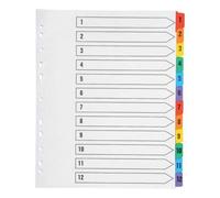 indigo® Dividers, A4, Index Multipunched Mylar-Reinforced Multicolour-Tabs White (1-12, Pack of 25)