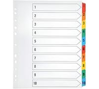 Indigo® Extra Wide A4+ File Dividers - Numbered 1-10 Index with Multicolour Tabs, White Card, Mylar-Reinforced, Multipunched - Pack of 10 for Binders & Filing