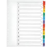 indigo® Dividers, Extra Wide A4+, Index Multipunched Mylar-Reinforced Multicolour-Tabs White (1-12, Pack of 5)