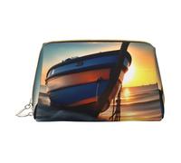 Indigo Flame Print Print Cosmetic Bags,Leather Makeup Bag Small For Purse,Cosmetic Pouch,Toiletry Clutch For Women Travel, Boat Beach Sunrise Time Nautical, One Size