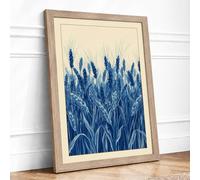 Indigo Grain Field Scandinavian Framed Wall Art Print A3 (42×29.7cm) Oak, Wall Decor for Living Room, Bedroom, Office & Home, Ready to Hang, Art Gift