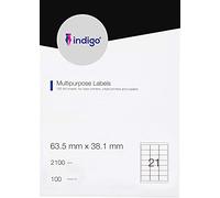 indigo® Multipurpose White A4 Labels - 100 Sheets per Box - Inkjet, Laser, and Copier (21 Label Per Sheet (63.5 x 38.1mm))