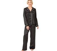 Indigo Sky Womens Astara Full Length Satin Pyjama With Contrast Piping, Ebony Black, 10-12
