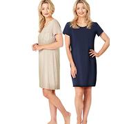 Indigo Sky Womens Jayne Pack of 2 Nightshirts - Soft, Comfy & Short Sleeved Loungewear - Plain, Marl & Stripe Sleep Tee Set, Navy Oat, 14-16