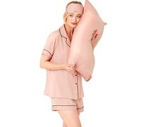 Indigo Sky Womens Katrina 5 Piece Satin Pyjama, Eyemask, Scrunchie & Pillowcase Set, Soft Peach, 10-12