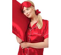 Indigo Sky Womens Katrina 5 Piece Satin Pyjama, Eyemask, Scrunchie & Pillowcase Set, Spice Red, 10-12