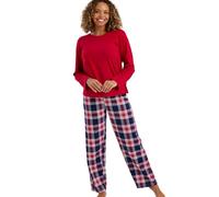 Indigo Sky Womens Rosie Soft Knitted Cotton Pyjama Set - Comfy Everyday Loungewear with Printed PJ Pants & Cosy Long Sleeved Top, Cerise Check, 10-12
