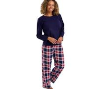 Indigo Sky Womens Rosie Soft Knitted Cotton Pyjama Set - Comfy Everyday Loungewear with Printed PJ Pants & Cosy Long Sleeved Top, Navy Check, 14-16