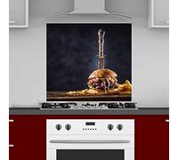 INDIGOS UG Kitchen Back Wall Plate for Tile Mirrors, Burger with Knife, 60 x 60 cm, Splash Guard, Aluminium Composite Panel, Heat-Resistant, Kitchen Back Panel, Modern, Wipe-Clean, Stove and Oven