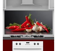 INDIGOS UG Kitchen Back Wall Plate for Tile Mirrors - Chilli with Garlic - 140 x 60 cm - Splash Guard Aluminium Composite Plate Heat Resistant - Back Wall Kitchen Modern Wipeable - Stove & Oven - Wall