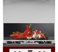 INDIGOS UG Kitchen Back Wall Plate for Tile Mirrors - Chilli with Garlic - 180 x 60 cm - Splash Guard Aluminium Composite Plate Heat Resistant - Back Wall Kitchen Modern Wipeable - Stove & Oven - Wall