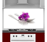 INDIGOS UG Kitchen Back Wall Plate for Tile Mirrors - Fork with Flower - 140 x 50 cm - Splash Guard Aluminium Composite Plate Heat Resistant - Back Wall Kitchen Modern Wipeable - Stove & Oven - Wall