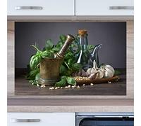 INDIGOS UG Kitchen Back Wall Plate for Tile Mirrors - Garlic and Herbs - 100 x 55 cm - Splash Guard Aluminium Composite Plate Heat Resistant - Back Wall Kitchen Modern Wipeable - Stove and Oven