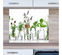 INDIGOS UG Kitchen Back Wall Plate for Tile Mirrors - Herbs in Glasses - Glass - 80 x 50 cm - Splash Guard Aluminium Composite Plate Heat Resistant - Back Wall Kitchen Modern Wipeable - Stove and Oven