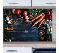 INDIGOS UG Kitchen Back Wall - Vegetables on Wood - 80 x 50 cm Tempered Glass Printed - with Picture - Motif - Kitchen - Back Wall - Glass Plate - Splash Guard - Stove - Oven