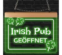 Indigos UG - LED Lamps - Illuminated Sign - Irish Pub Open - Engraved - 26 x 20 cm for Hanging on Wall or Panel - LED Sign Illuminated for Office Shop Practice Studio Shop Window Reception Advertising