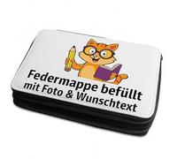 INDIGOS UG - Pencil Case Filled for Children School - Black 210x160 mm - Personalised with Photo and Desired Text - Pen Case Gift - Includes Pens, Ruler, Eraser, Sharpener