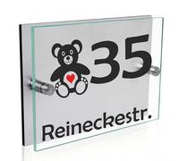 INDIGOS UG - Personalised Door Sign - Teddy - Acrylic Glass 20 x 15 cm - Desired Text with Name, Company Name, Street, House Number - Design Your Own Signs - Silver Wall Plate with Attachment