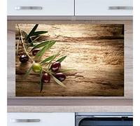 INDIGOS UG Splash Guard - Olive Branch on Wood - 100 x 55 cm - Aluminium Composite Plate Printed - with Picture - Motif - Kitchen Back Wall - Sign - Splash Guard - Cooker - Oven