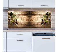 INDIGOS UG Splash Guard - Olive Branch on Wood - 120 x 60 cm - Aluminium Composite Plate Printed - with Picture - Motif - Kitchen Back Wall - Sign - Splash Guard - Cooker - Oven