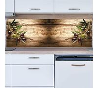 INDIGOS UG Splash Guard - Olive Branch on Wood - 150 x 65 cm - Aluminium Composite Plate Printed - with Picture - Motif - Kitchen Back Wall - Sign - Splash Guard - Cooker - Oven