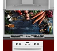 INDIGOS UG Splash Guard - Vegetable on Wood - 120 x 65 cm - Aluminium Composite Plate Printed - with Picture - Motif - Kitchen Back Wall - Sign - Splash Guard - Cooker - Oven