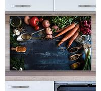 INDIGOS UG Splash Guard - Vegetable on Wood - 90 x 55 cm - Aluminium Composite Plate Printed - with Picture - Motif - Kitchen Back Wall - Sign - Splash Guard - Cooker - Oven