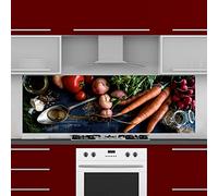 INDIGOS UG Splash Guard - Vegetables on Wood - 150 x 60 cm - Aluminium Composite Plate Printed - with Picture - Motif - Kitchen Back Wall - Sign - Splash Guard - Cooker - Oven