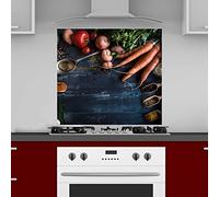 INDIGOS UG Splash Guard - Vegetables on Wood - 80 x 50 cm - Aluminium Composite Plate Printed - with Picture - Motif - Kitchen Back Wall - Sign - Splash Guard - Cooker - Oven