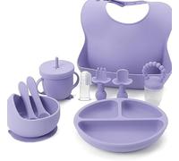 Indique Baby Weaning Set - 11 Pcs Silicone Baby Feeding Set with Suction Plate, Weaning Kit with Adjustable Bib, Fork, Spoon, Fruit Feeder & Toothbrush - Ideal Weaning Set Baby Gift (Lavender)
