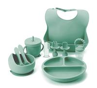 Indique Baby Weaning Set - 11 Pcs Silicone Baby Feeding Set with Suction Plate, Weaning Kit with Adjustable Bib, Fork, Spoon, Fruit Feeder & Toothbrush - Ideal Weaning Set Baby Gift (Pale Green)