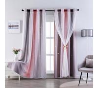indistar Cutout Blackout Window Curtains for Girls Kids Bedroom Double Layer Star Cut Out Gradient Stripe Curtains, 1 Panel (Pink/Grey W52 x L63 inch)
