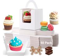 Individual Cupcake Boxes,50PCS Single Cupcake Boxes Individual with Window Cupcake Holders White Bakery Cupcake Box for Birthdays Party, Weddings, Bridal Showers,Church Bakery Party (White 50pcs)