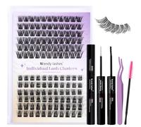 Individual Eyelashes Extensions Kit Soft 12-16mm Mixed Wispy Cluster Lashes D Curl Natural DIY Wide Stem 0.07mm Reusable(K001/K002)