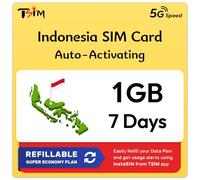 Indonesia SIM Card | 1GB Super Economy Refillable Plan! Auto Activating 7 Day Validity | 5G Speed + Hotspot | Data-Only No Phone Number