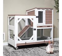 Indoor and Outdoor Rabbit House with 2 Leak Proof Sliding Trays, Chew Resistant Metal Mesh, Rain Cover, 2-Story Wooden Rabbit Cage, Guinea Pig House with Wheels, 39.3 x 22 x 36.8 Inches - Brown