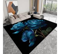 Indoor Area Rug, Non-Slip 3D Blue Rose Elegant 60 x 90 cm Machine Washable Short Pile Carpet Black, Soft Touch Anti-Slip Backing Rugs for Bedroom Kitchen Living Room