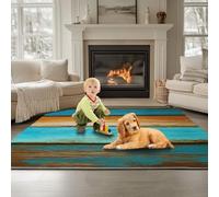 Indoor Area Rug - Non-Slip Retro Country Wood Board simple 60 x 90 cm Machine Washable Short Pile Carpet Turquoise, Soft Touch Anti-Slip Backing Rugs for Bedroom Kitchen Living Room