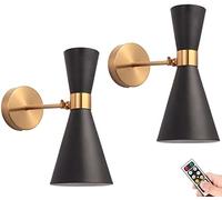 Indoor Black Wall Sconce Set of Two Operated With Remote, Led Light Fixtures ed Non Hard Wired Lamp Lighting for Decor Bedroom Reading Living Room Hallway